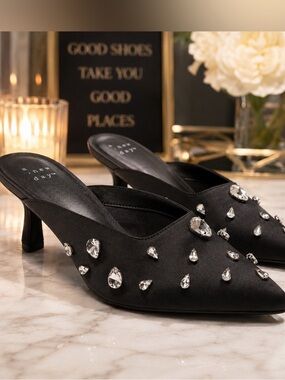 KATIA Black Jeweled Mules - kitten Heels